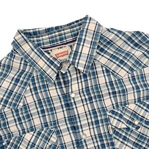 Levis Western Pearl Snap Shirt Men's Medium Blue White Plaid Modern Fit 3LYLW211